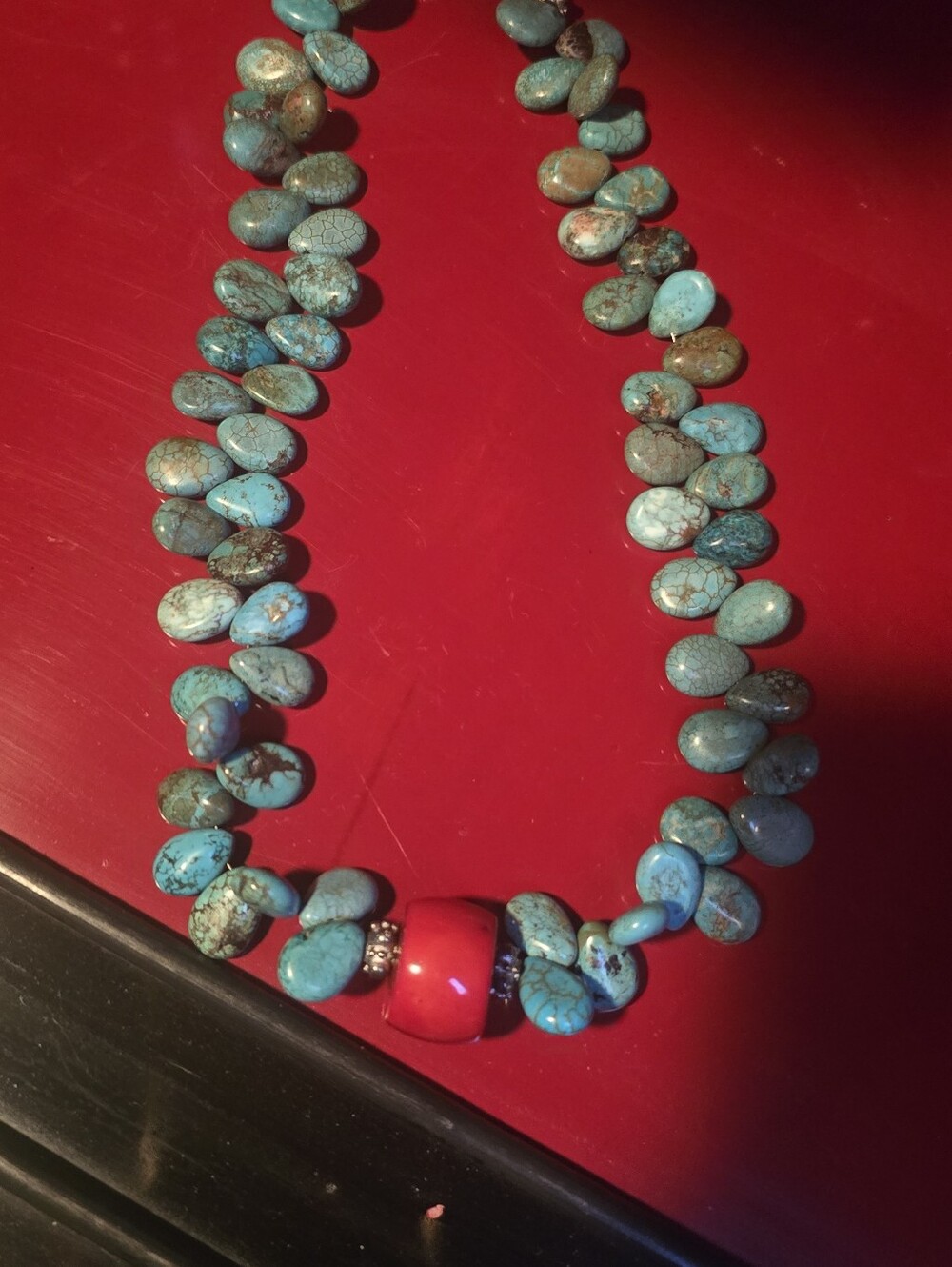 Turquoise  Teardrop Bead Necklace With Vivid Coral Bead